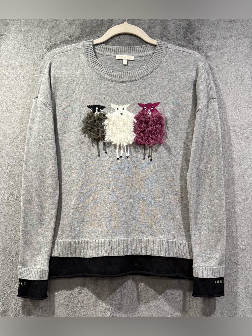 Lisa Todd Grey Fuzzy Sheep Adorned Sweater Size XS Cashmere Blend Cozy